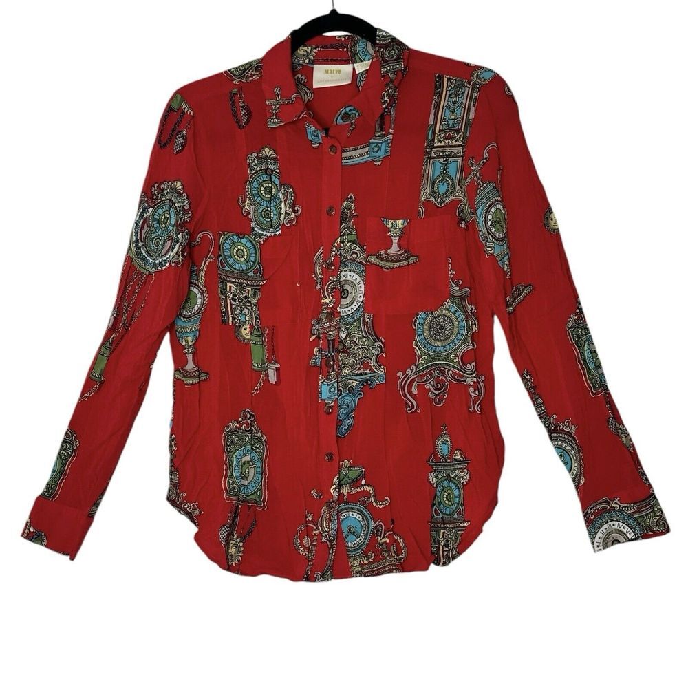 Anthropologie Maeve Blouse womens Size 8 Red Top Corpcore Boho Clock Office‎